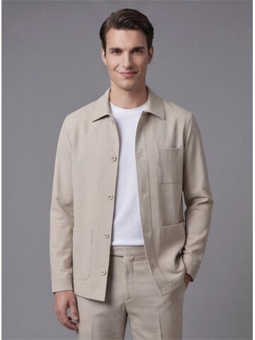 Beige Shirt Collar Buttoned Patch Pocket Suit