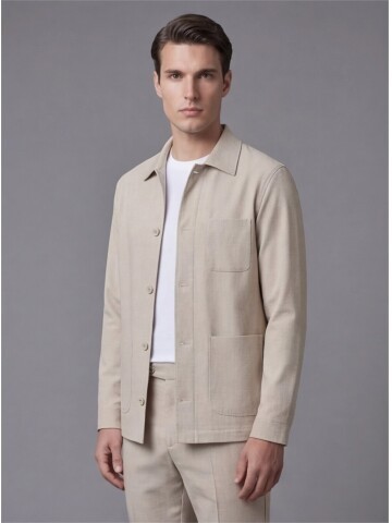 Beige Shirt Collar Buttoned Patch Pocket Suit