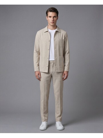 Bej Gömlek Yaka Düğmeli Torba Cepli Takım