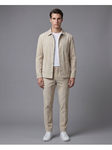 Bej Gömlek Yaka Düğmeli Torba Cepli Takım