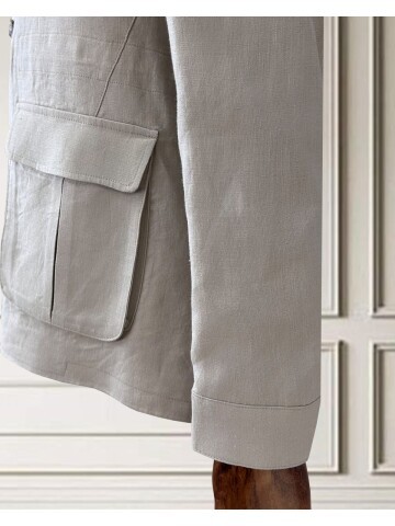 Bej Keten Safari Model Dört Cepli Takım Elbise