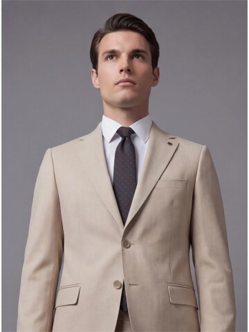 Bej Mono Yaka İki Düğmeli Takım Elbise