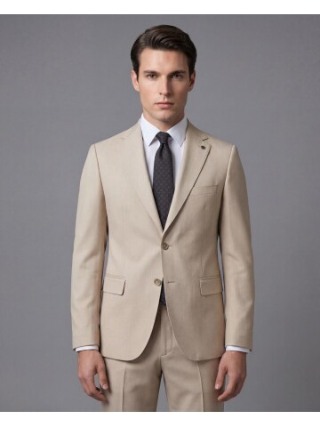 Bej Mono Yaka İki Düğmeli Takım Elbise