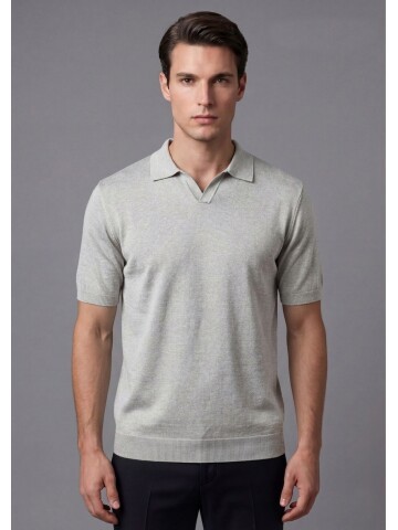 Beige Patterned Short Sleeve Knit Polo Shirt
