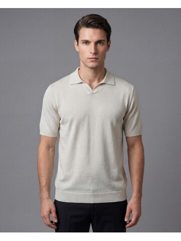 Beige Polo Collar Short Sleeve Knitwear