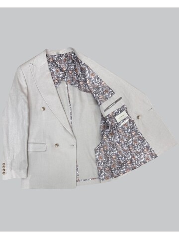 Bej Sivri Yaka 4 Düğme Keten Takım Elbise