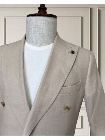 Bej Sivri Yaka 4 Düğme Keten Takım Elbise