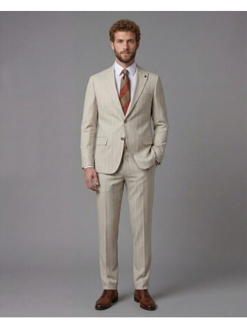 Beige Peak Lapel Comfort Fit Fully Lined Suit