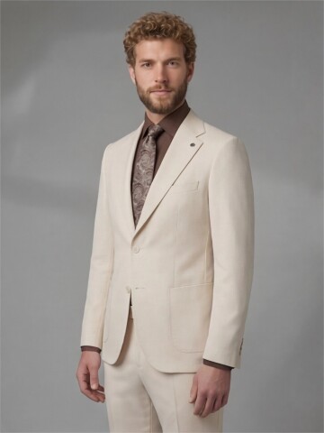 Beige Slim Fit Notch Lapel Suit with Patch Pockets