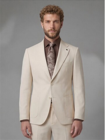 Beige Slim Fit Notch Lapel Suit with Patch Pockets