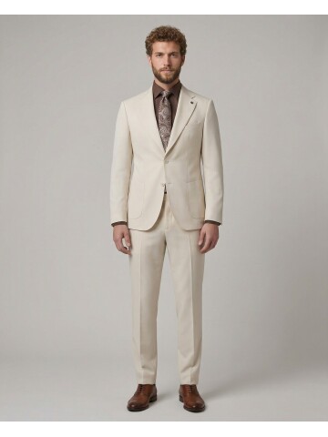 Beige Slim Fit Notch Lapel Suit with Patch Pockets