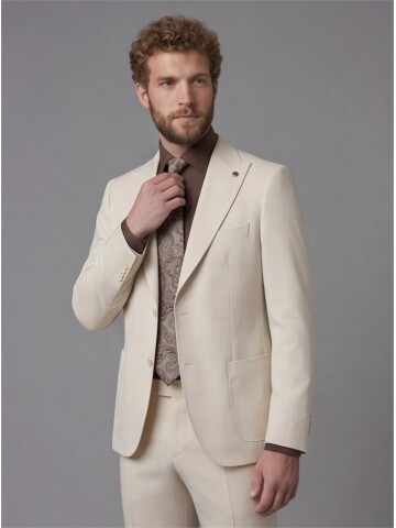 Beige Slim Fit Peak Lapel Patch Pocket Mens Suit