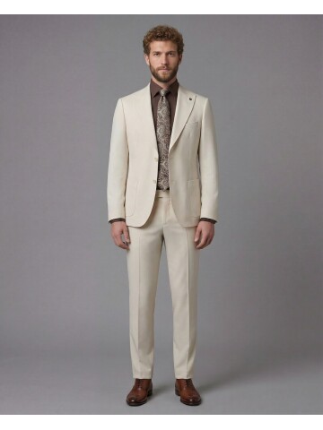 Beige Slim Fit Peak Lapel Patch Pocket Mens Suit