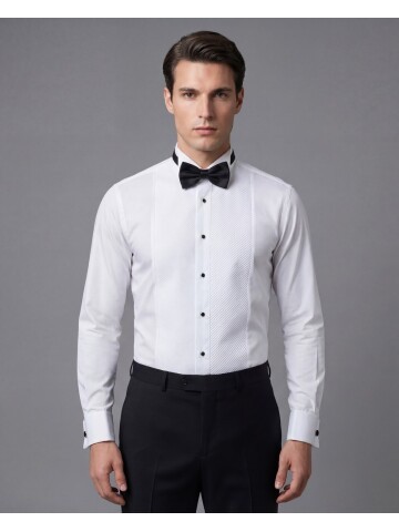 Beyaz Ata Yaka Çapraz Piliseli Damatlık Gömlek