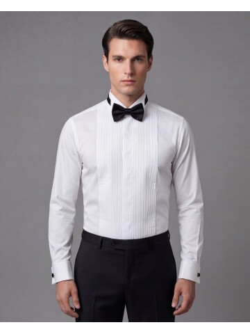 Beyaz Ata Yaka İnce Piliseli Damatlık Gömlek