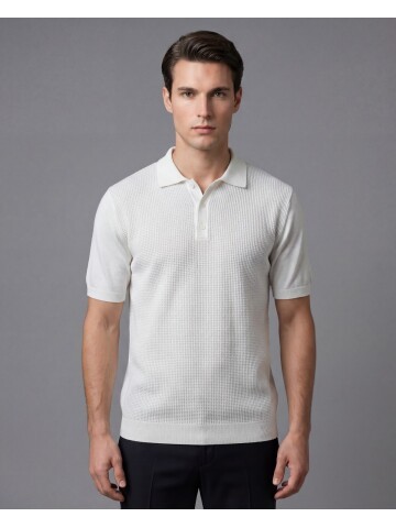 White Patterned Polo Neck 3-Button Short Sleeve Knitwear
