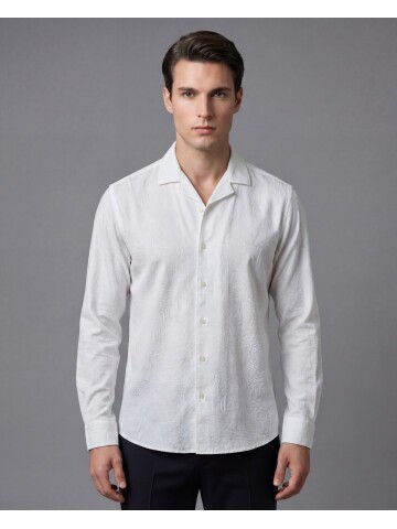 Beyaz Desenli Regular Fit Uzun Kollu Gömlek