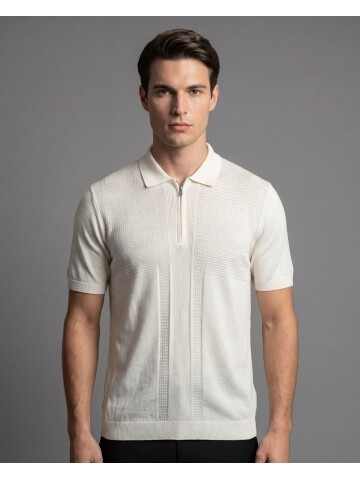 Beyaz Fermuarlı Polo Yaka Kendinden Desenli Triko Tişört