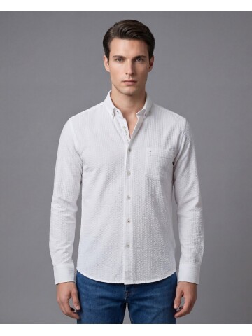 Beyaz Kendinden Desenli Slim Fit Uzun Kollu Gömlek