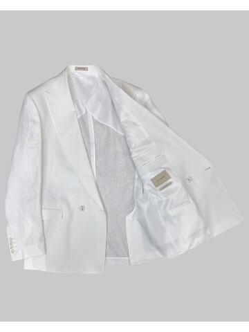 Beyaz Sivri Yaka 2 Düğme Keten Takım Elbise