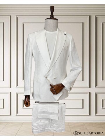 Beyaz Sivri Yaka 2 Düğme Keten Takım Elbise