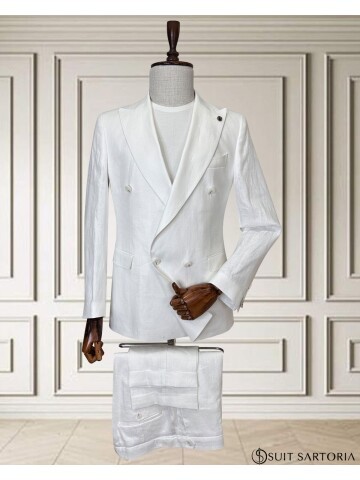 Beyaz Sivri Yaka 4 Düğme Keten Takım Elbise