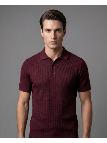 Burgundy Patterned Polo Neck 3-Button Short Sleeve Knit