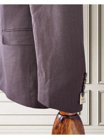 Bordo Sivri Yaka 4 Düğme Keten Takım Elbise