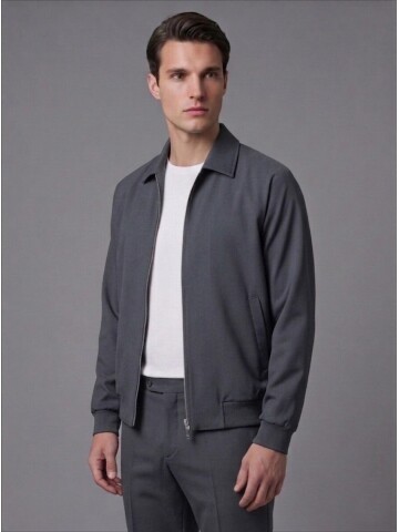 Grey Zip-Up Shirt Collar Smart Casual Suit