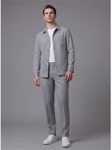 Grey Shirt Collar Buttoned Patch Pocket Suit