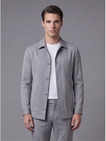 Grey Shirt Collar Buttoned Patch Pocket Suit