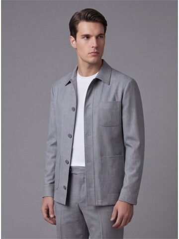 Grey Shirt Collar Buttoned Patch Pocket Suit