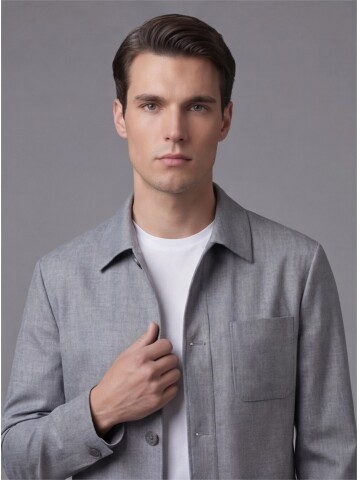 Grey Shirt Collar Buttoned Patch Pocket Suit