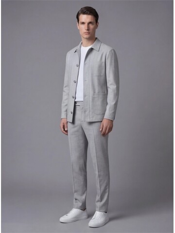 Grey Shirt Collar Buttoned Patch Pocket Suit