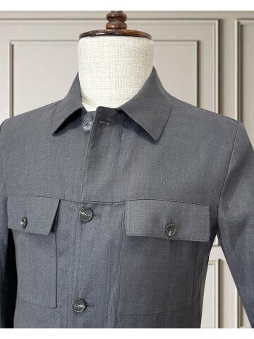  Koyu Gri Keten Safari Takım Elbise