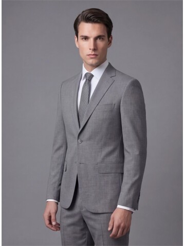 Gri Mono Yaka İki Düğmeli Takım Elbise