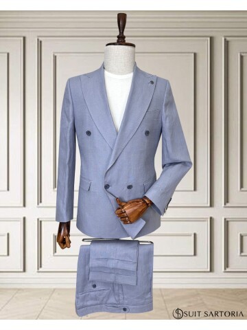 Gri Sivri Yaka 4 Düğme Keten Takım Elbise