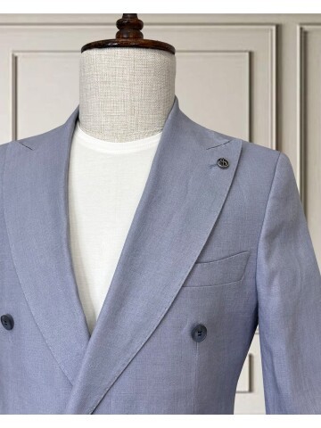 Gri Sivri Yaka 4 Düğme Keten Takım Elbise