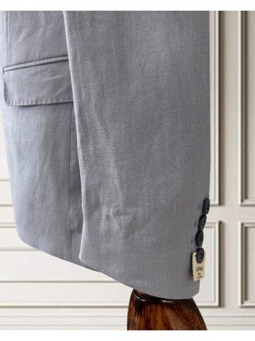 Gri Sivri Yaka 4 Düğme Keten Takım Elbise