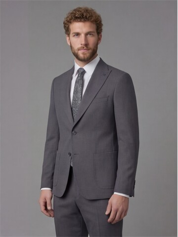 Grey Slim Fit Peak Lapel Patch Pocket Mens Suit