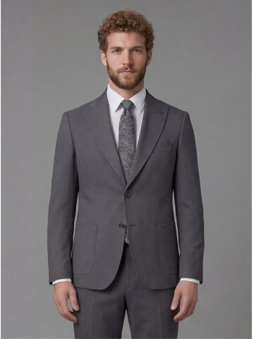 Grey Slim Fit Peak Lapel Patch Pocket Mens Suit