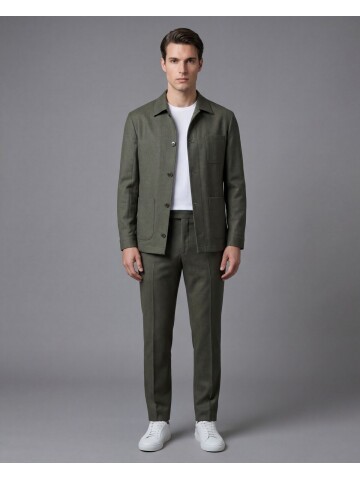 Khaki Shirt Collar Buttoned Patch Pocket Suit