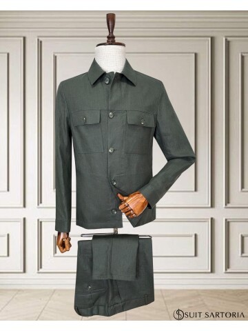 Haki Keten Safari Takım Elbise