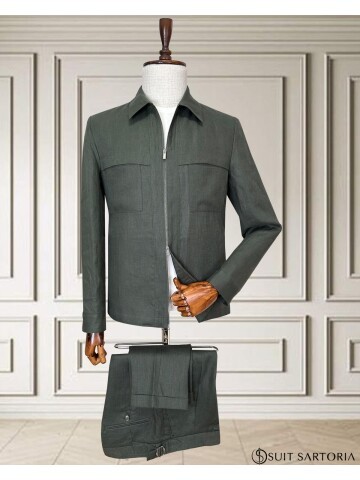 Haki Keten Safari Takım Elbise