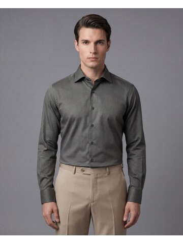 Haki Slim Fit Uzun Kollu Klasik Yaka Gömlek