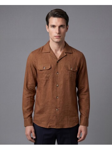 Kahverengi Keten Kapaklı Cep Regular Fit Uzun Kollu Gömlek