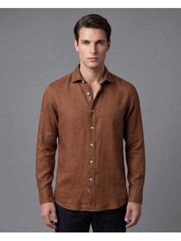 Kahverengi Premium Keten Regular Fit Uzun Kollu Gömlek