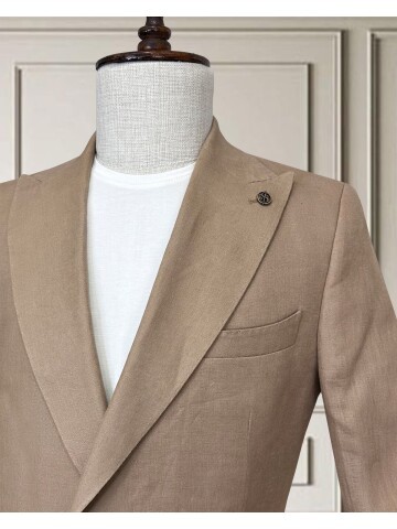 Kahverengi Sivri Yaka 2 Düğme Keten Takım Elbise