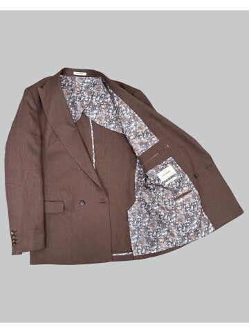 Kiremit Sivri Yaka 2 Düğme Keten Takım Elbise