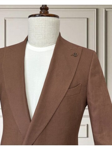 Kiremit Sivri Yaka 2 Düğme Keten Takım Elbise